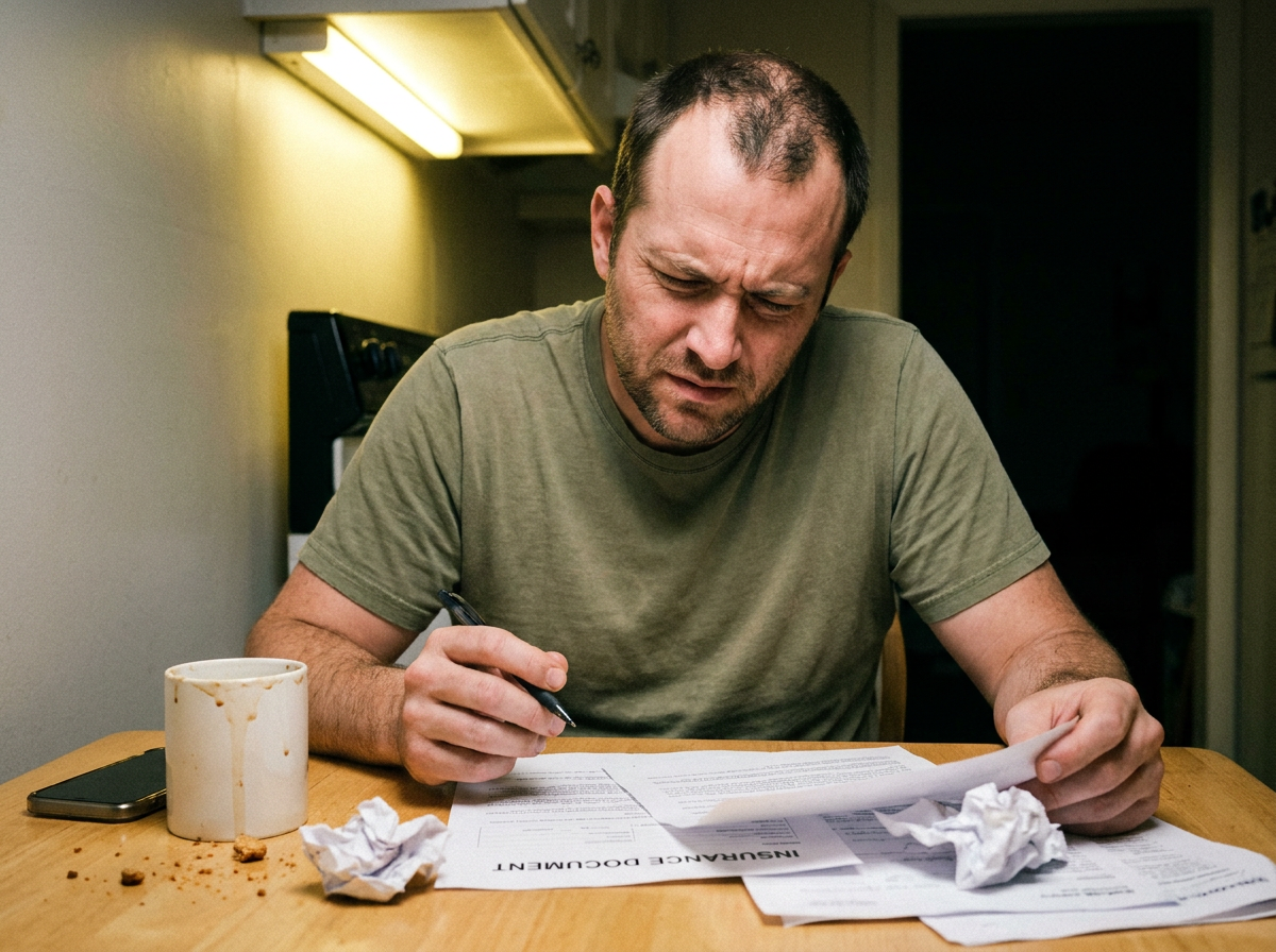 Man reviewing insurance paperwork at a kitchen table with a pen in hand, looking concentrated