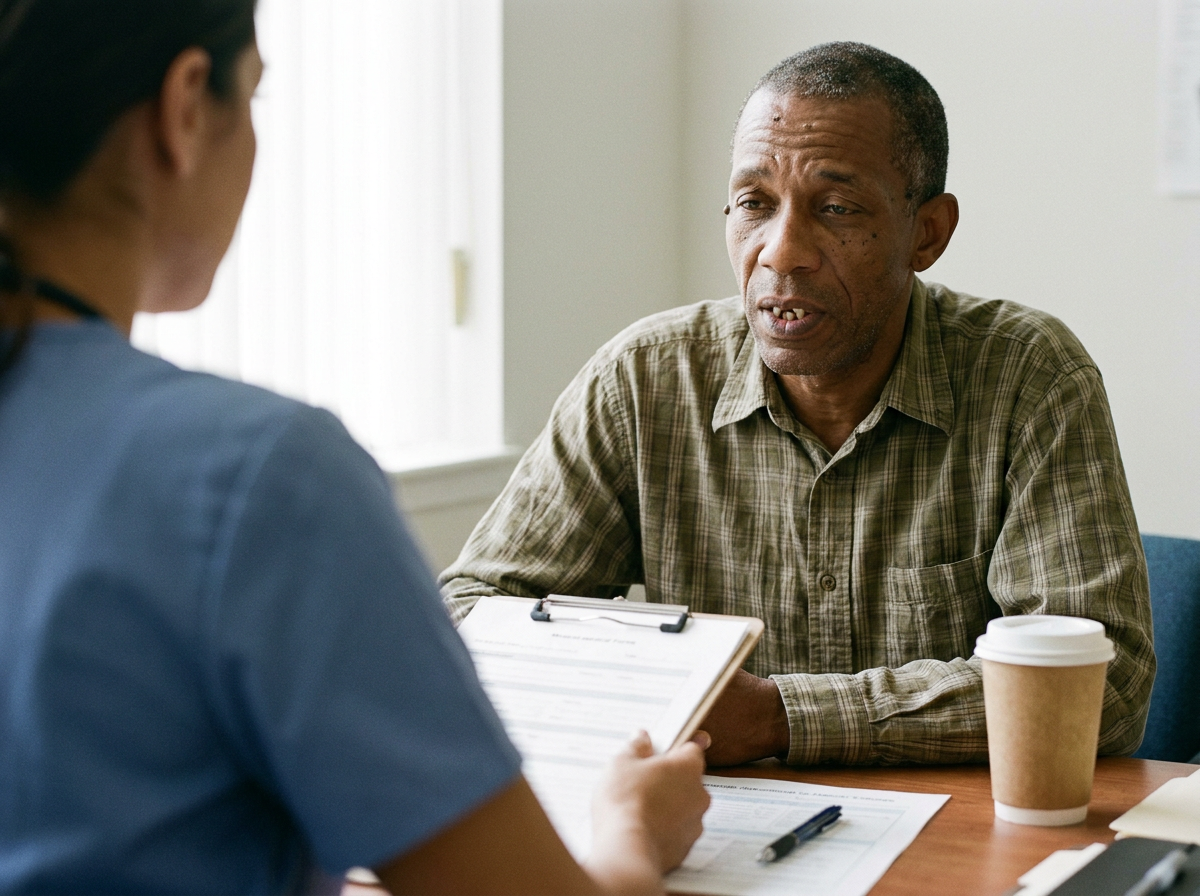 A patient in conversation with a clinic staff member at a desk during a consultation