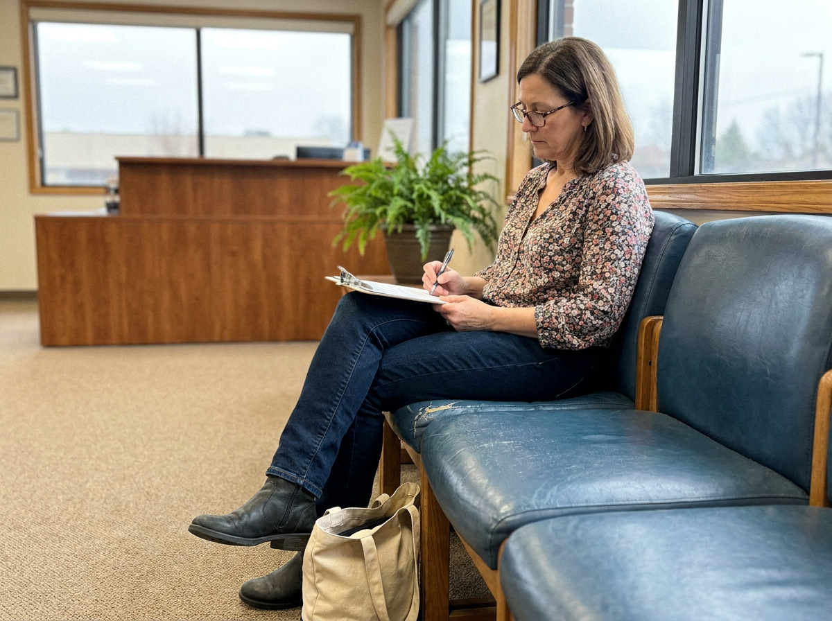 Middle-aged woman filling out paperwork on a clipboard in a plain waiting room, reading glasses on, natural window light