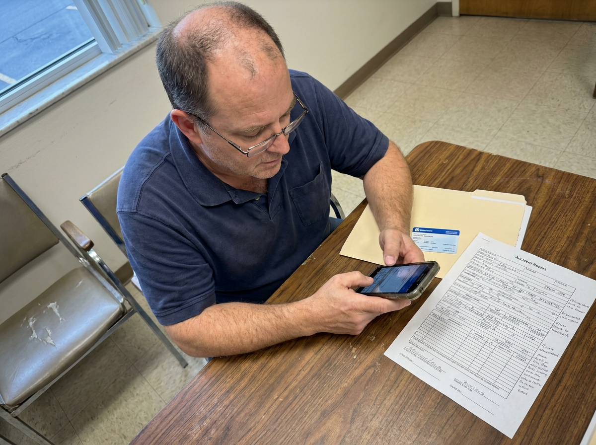 Middle-aged man in a waiting room reviewing insurance paperwork and accident documents on his phone