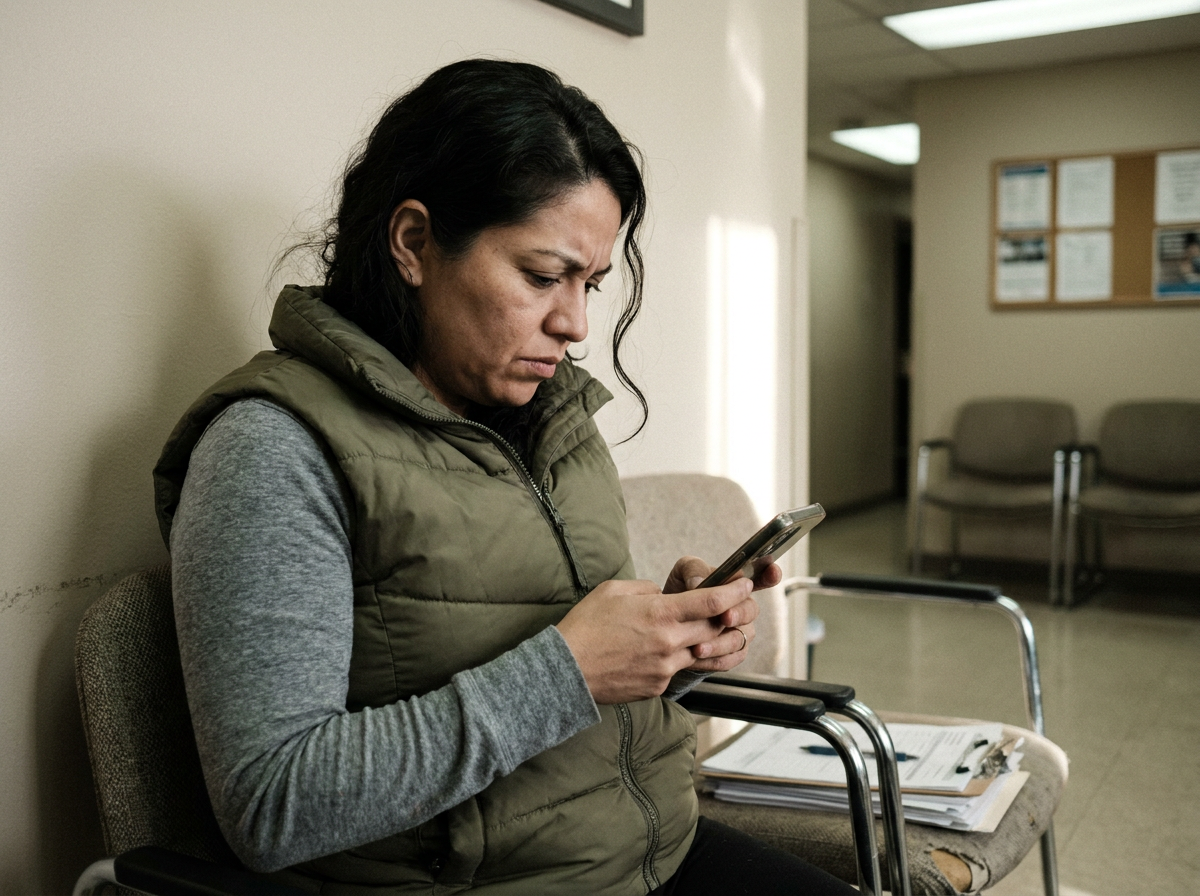 Woman waiting in a chiropractic office and reviewing paperwork on her phone