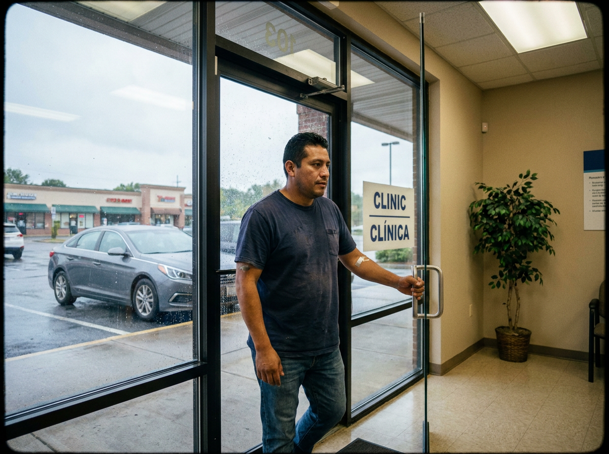 A man in his late 30s walking into a chiropractic clinic lobby through the front glass door after a car accident