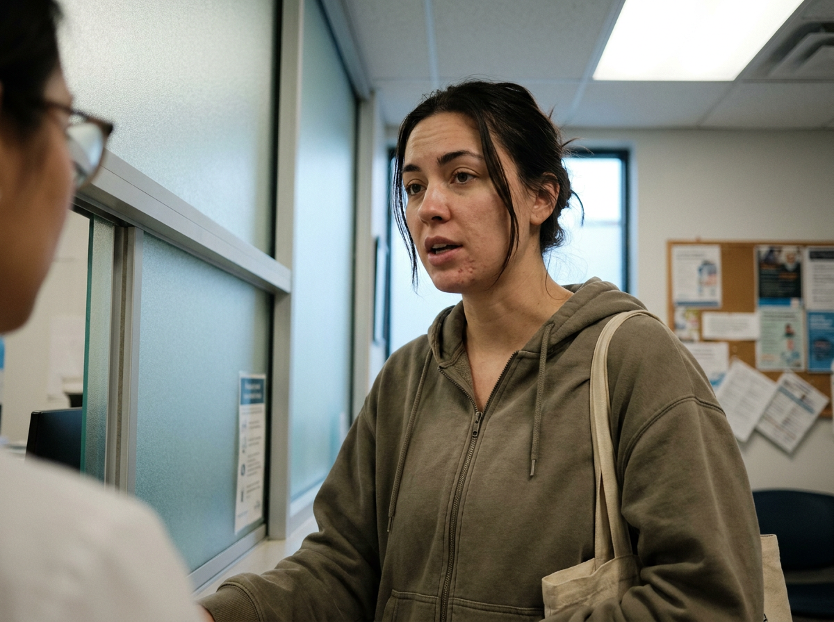 Young woman speaking with clinic reception staff at a check-in window, candid mid-conversation