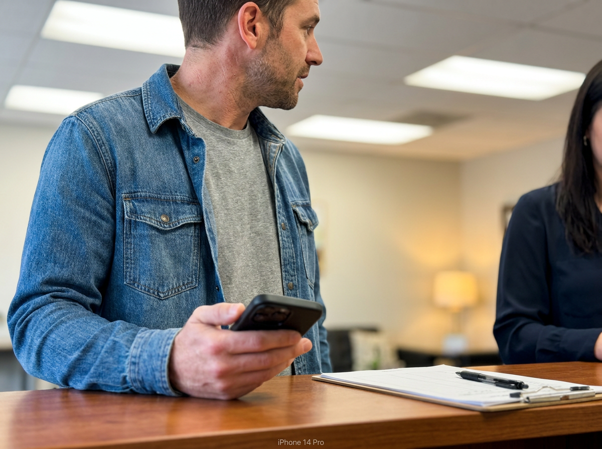 Man at a clinic reception counter mid-conversation with a staff member, holding his phone