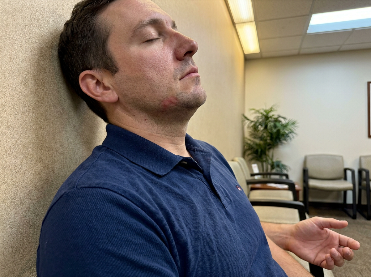 A man in his mid-30s sits in a clinic waiting room chair with his eyes closed and head resting against the wall, looking tired but calm.