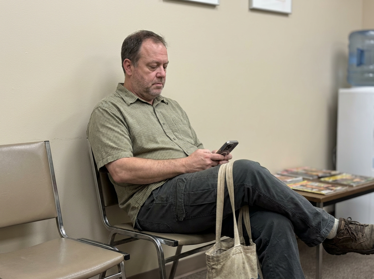 Man in his early fifties sitting in a clinic waiting room scrolling his phone, looking relaxed but a little impatient — an ordinary, unhurried moment.