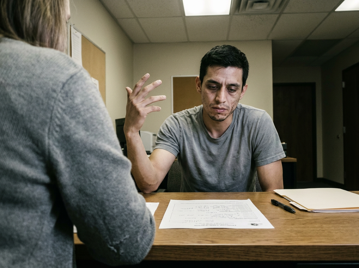 A young man in his late 20s gesturing at paperwork across a desk during an office conversation, fluorescent light, candid mid-gesture.