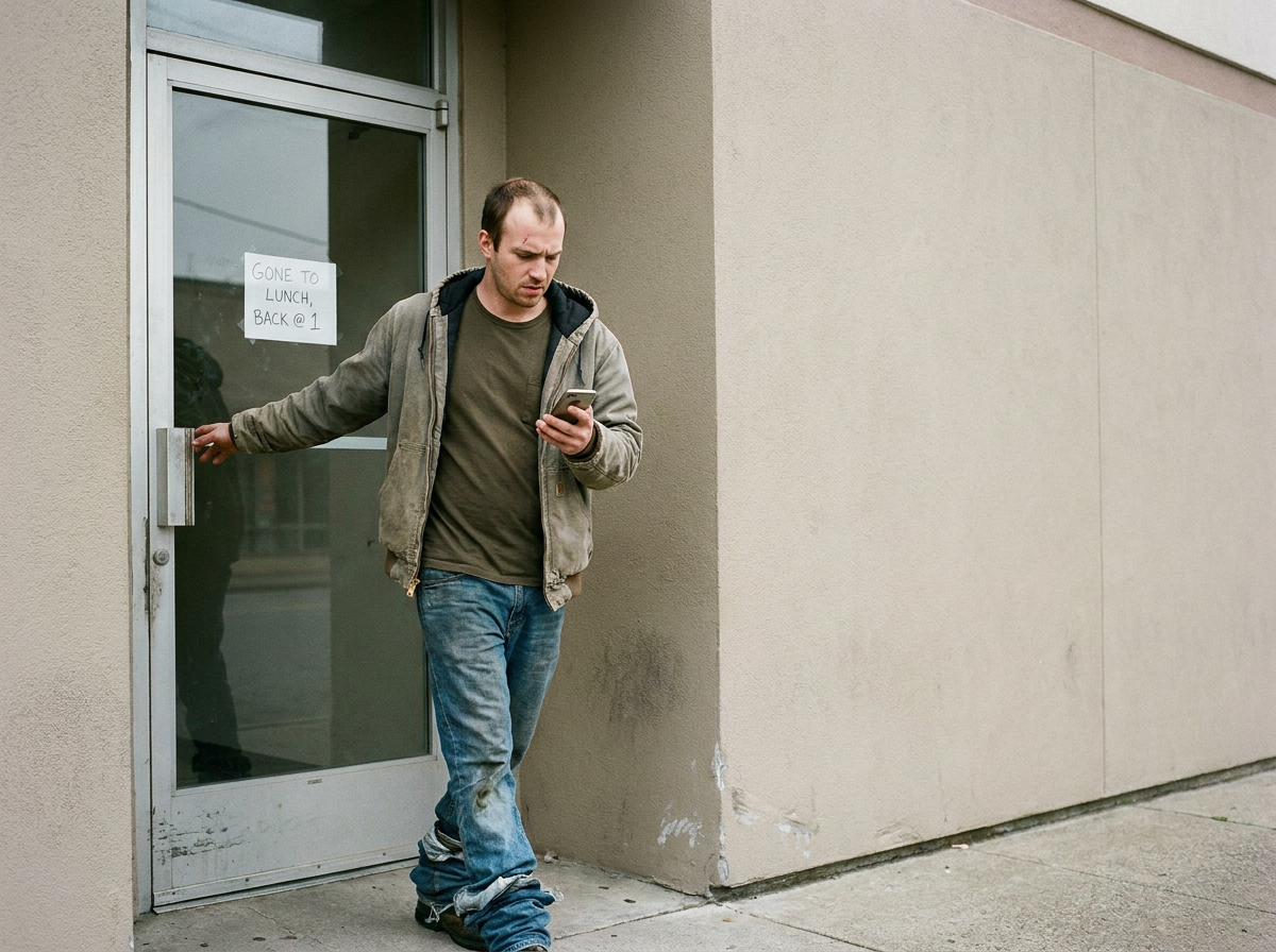 Young man in his late 20s approaching the entrance of a plain commercial building on an overcast day, glancing at his phone mid-step.