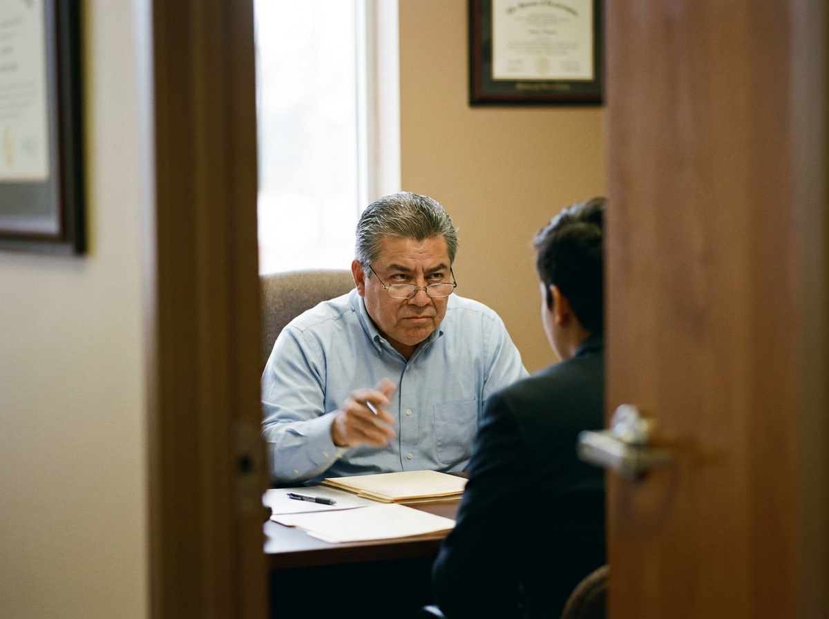 An older Latino man sitting across a desk from a provider, mid-gesture during a conversation, seen through a partially open office doorway.