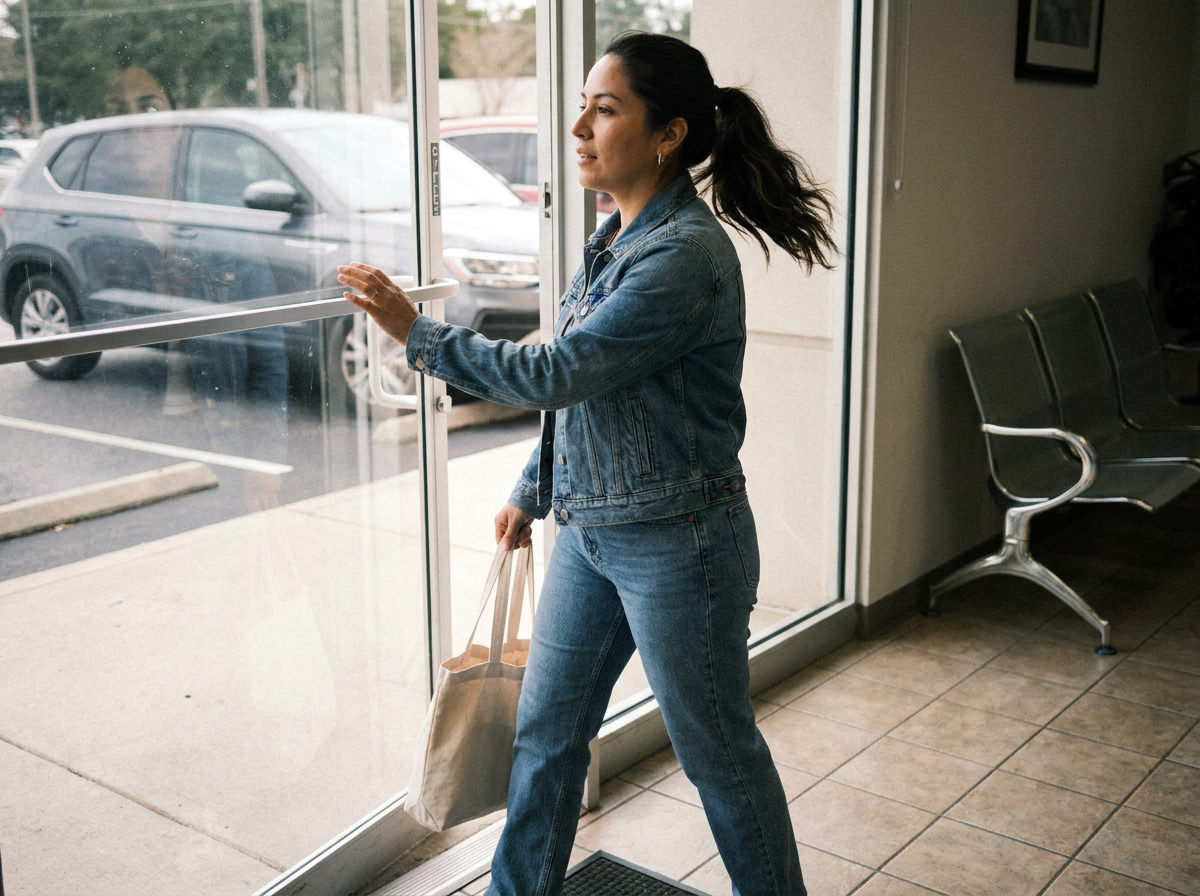 A young Latina woman walking into a chiropractic clinic, tote bag in hand, caught mid-step through the front door.