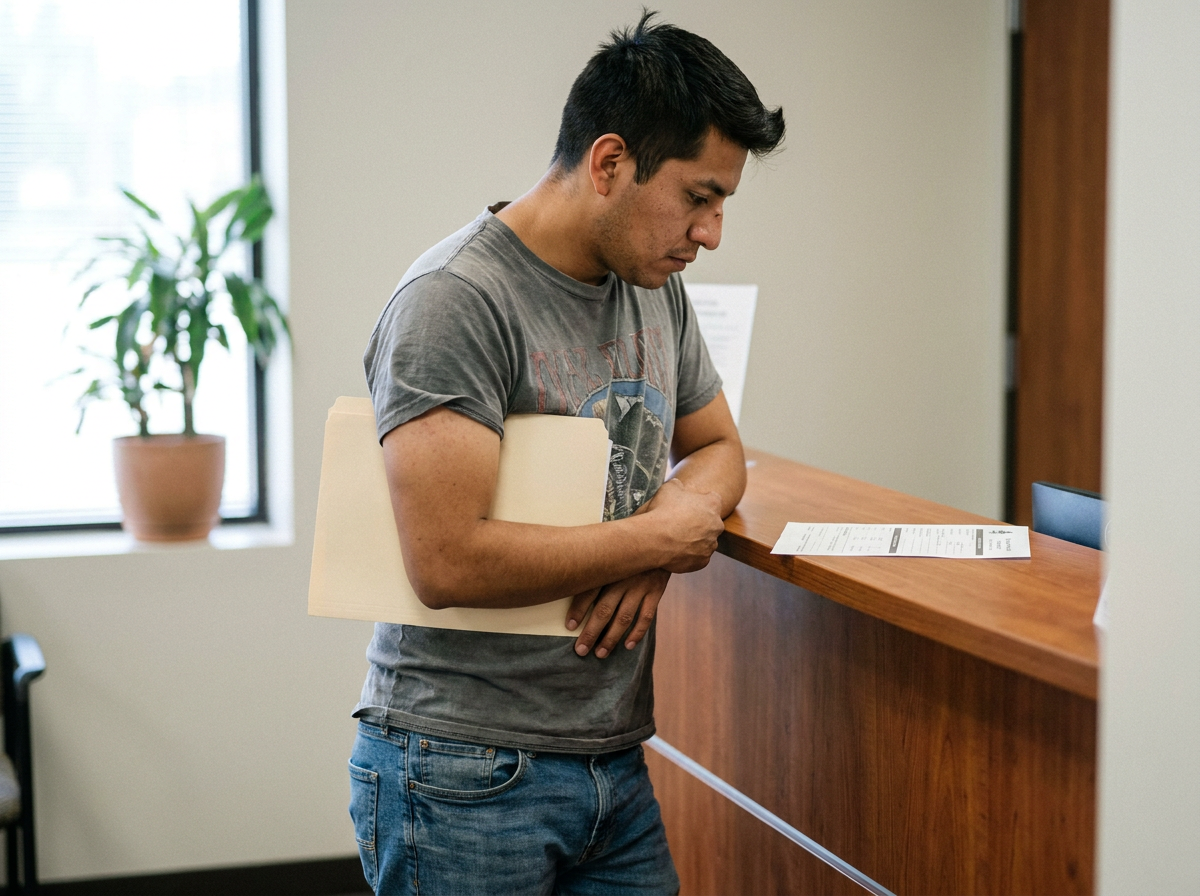 A young Latino man standing at a reception counter holding a folder, looking down at paperwork, flat window light from the left, shot from slightly below eye level.