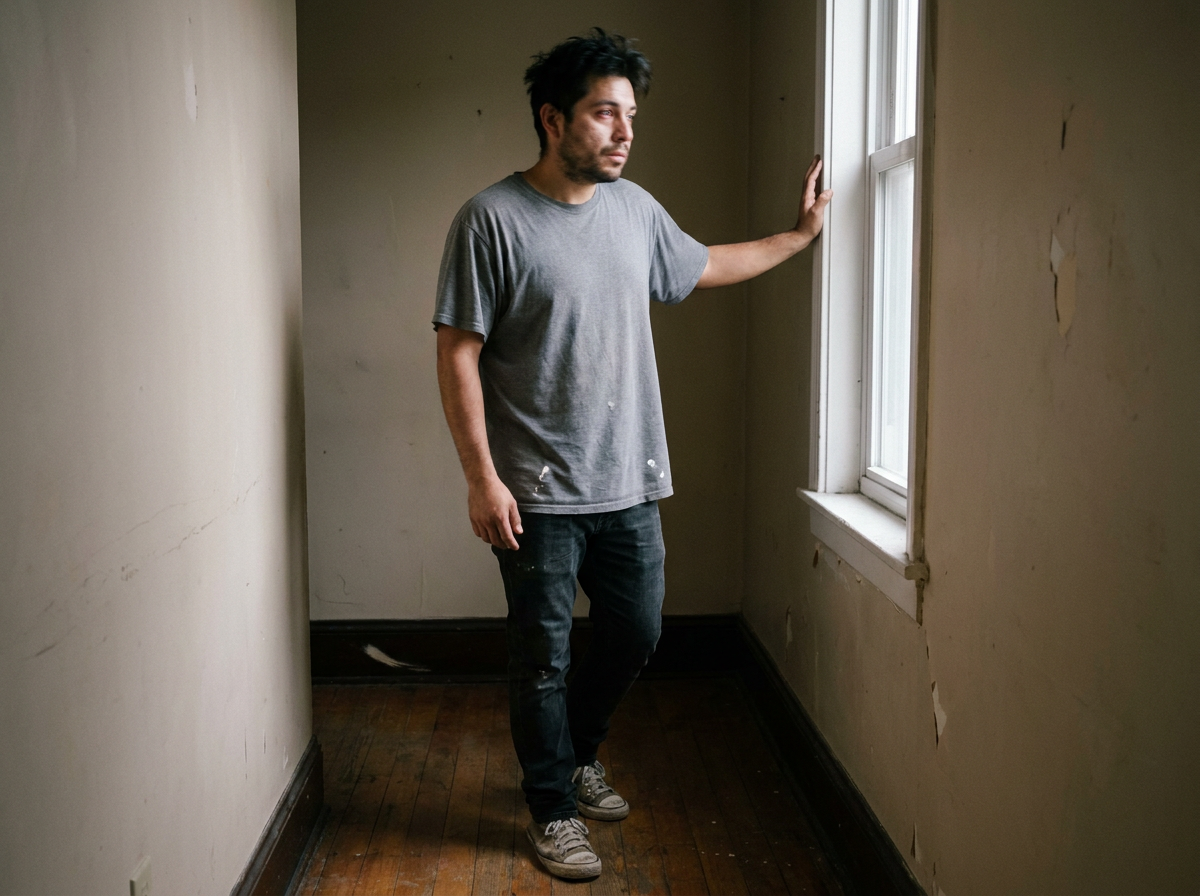 Young man standing in a hallway turning his head to the side, checking his own neck movement.
