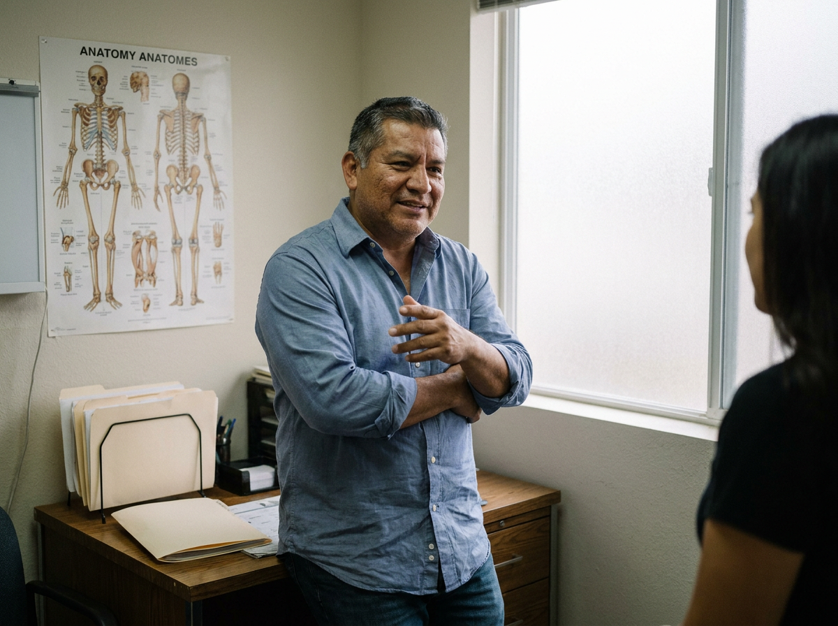 A Latino man in his late 40s standing in a small clinical office mid-conversation, with an anatomy chart and desk visible in the background.