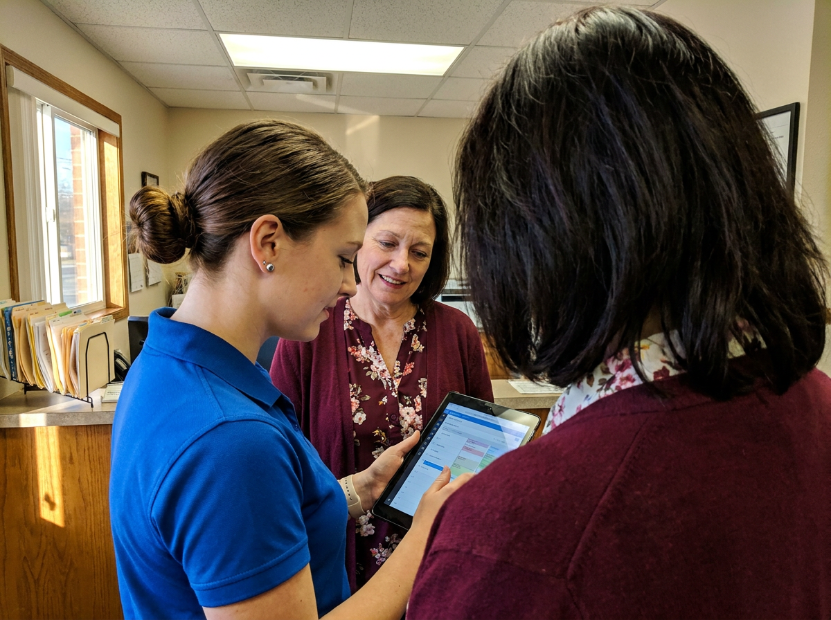Bilingual staff member helping a patient at the front desk of a chiropractic clinic, both looking at a tablet screen