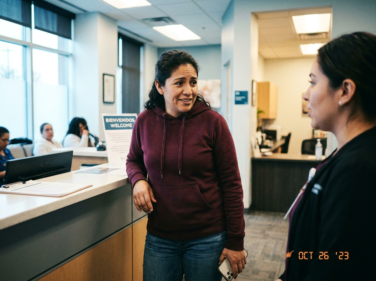 A Spanish-speaking woman at a clinic reception desk mid-conversation with a bilingual staff member