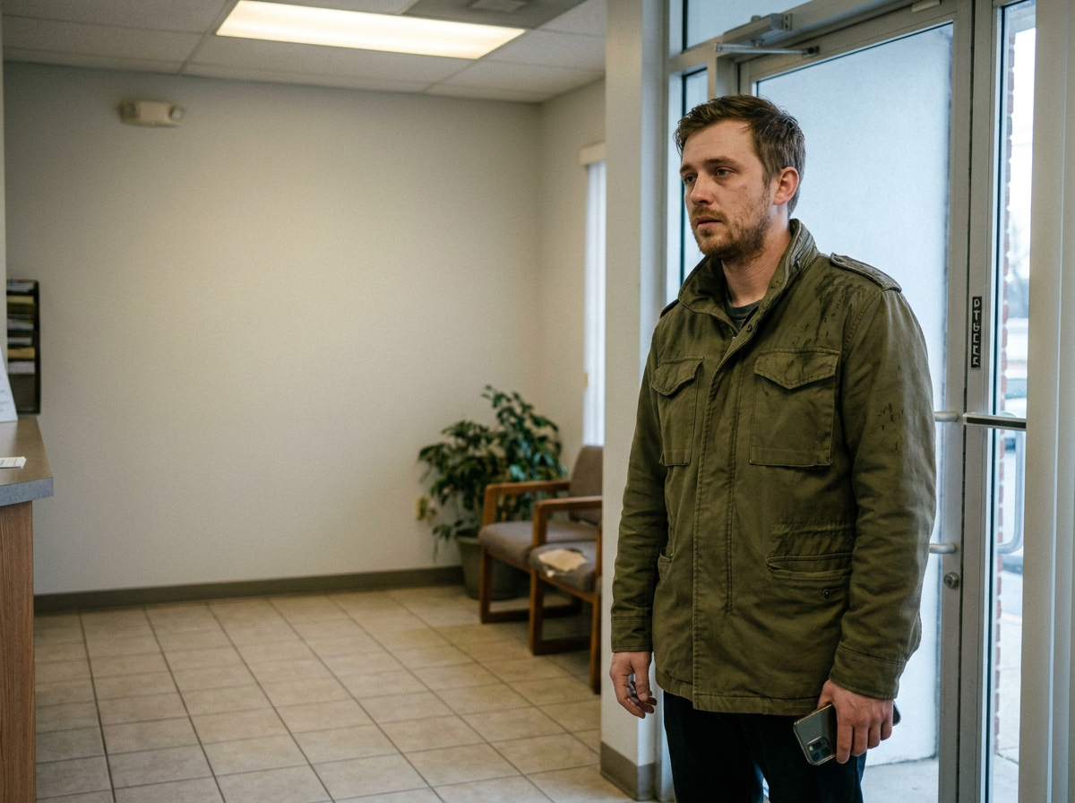 A young white man in an olive jacket standing just inside a clinic entrance, looking toward the front desk with a tired, uncertain expression.
