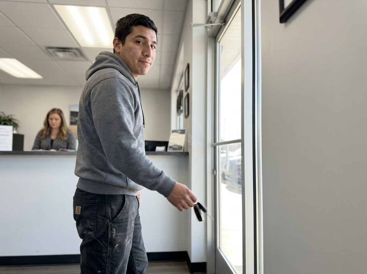 A young Hispanic man in a hoodie and work pants turns back toward the camera near a clinic exit, car keys in hand, caught mid-step in mixed light.