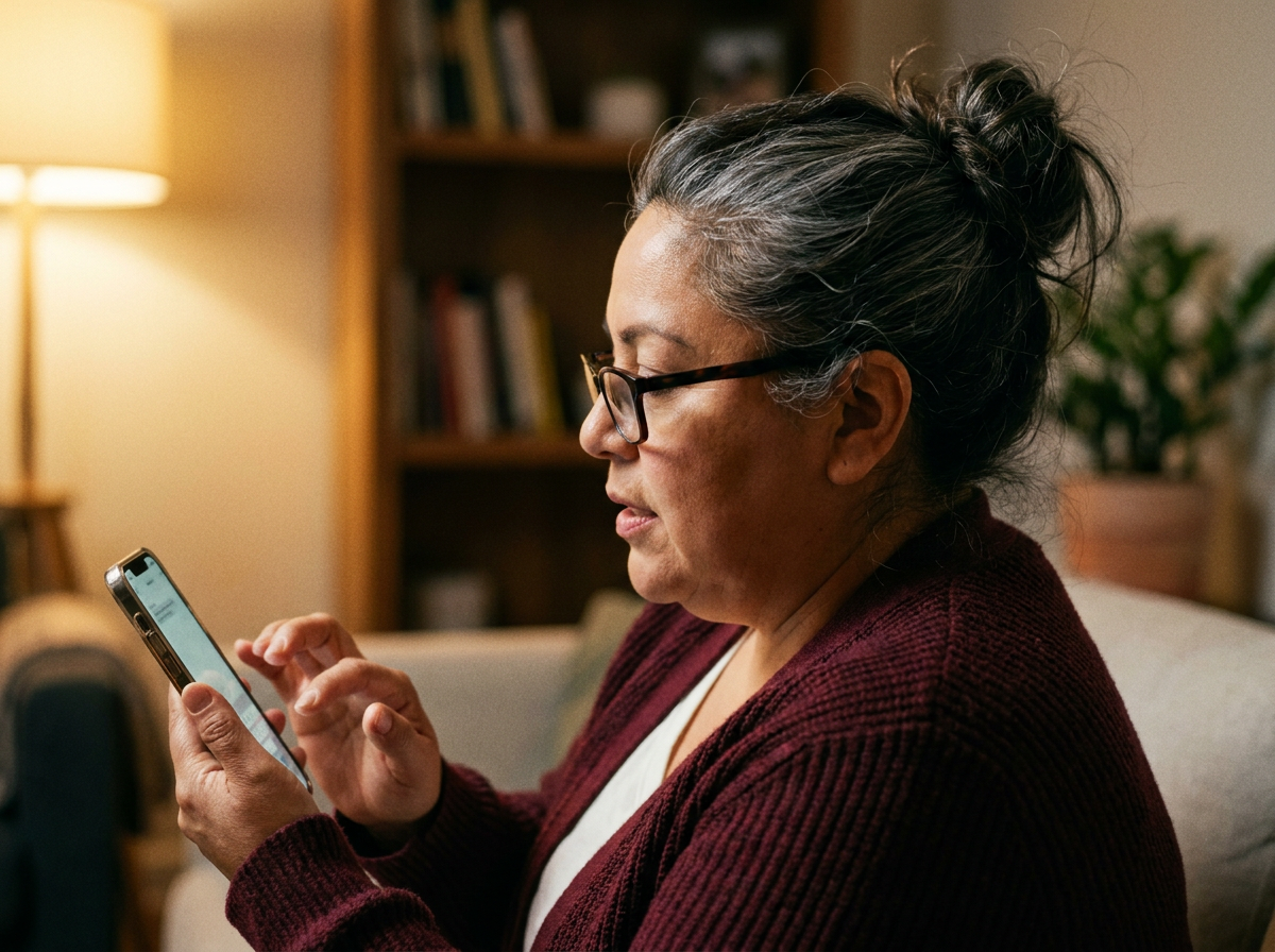 Older Latina woman typing a WhatsApp message at home, warm indoor light, over-shoulder framing