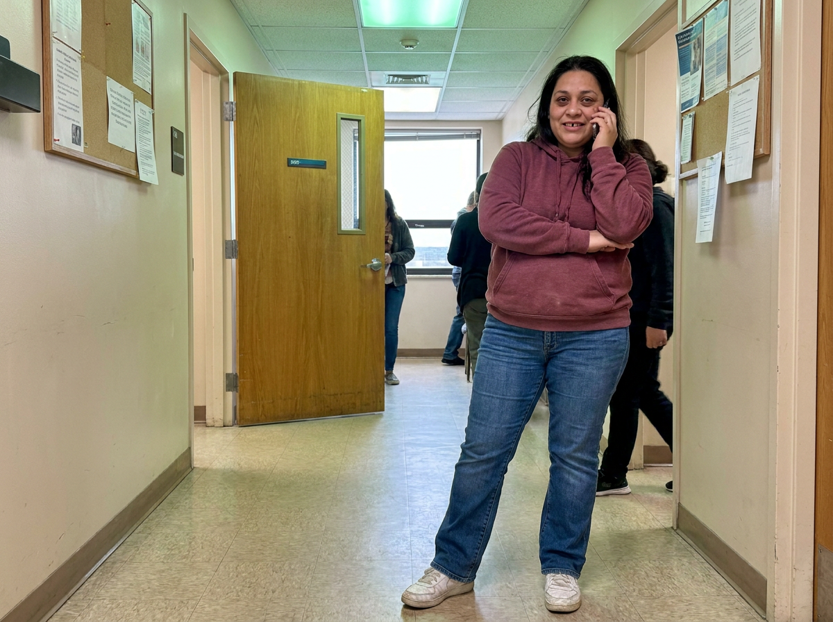 A woman standing in a clinic hallway talking on her phone