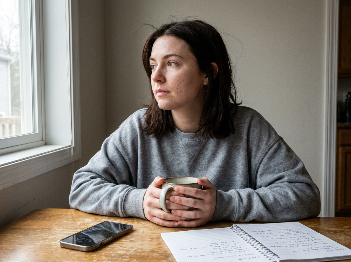 A young woman in her late 20s sitting at a kitchen table holding a coffee mug, looking pensively to the side in soft window light.