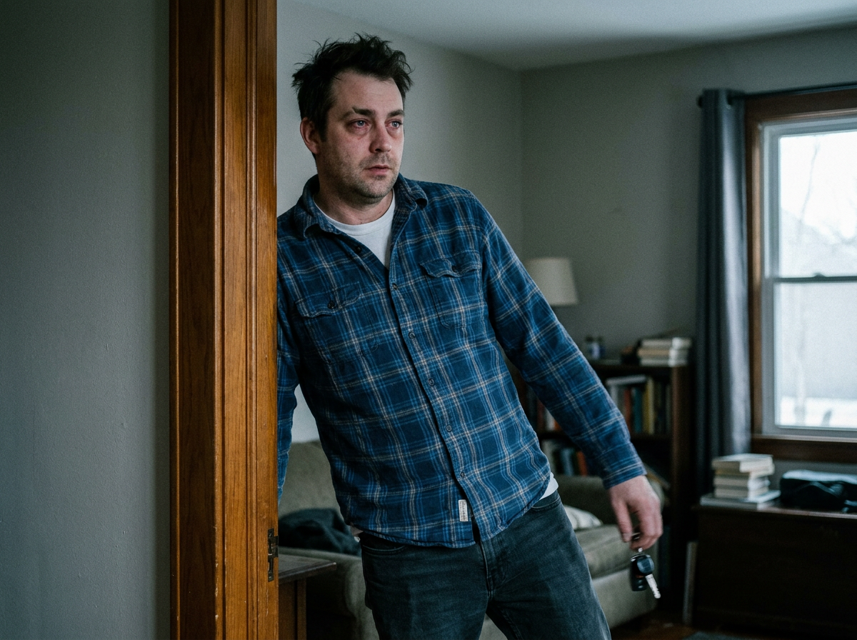 Man in flannel shirt caught mid-step through a doorway holding car keys, flat window light, candid framing