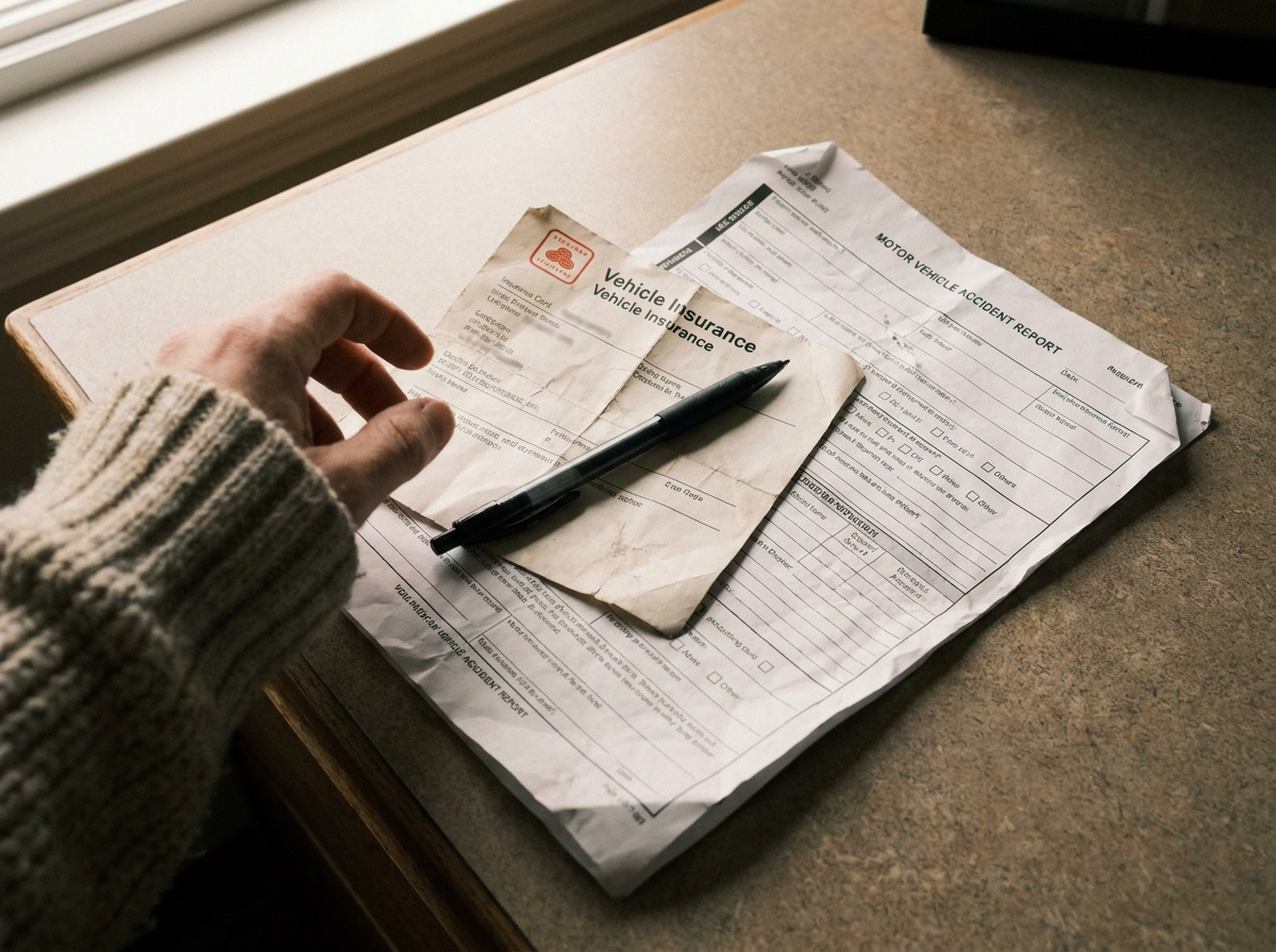 Insurance card and accident paperwork on a desk at a chiropractic office